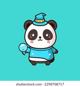 A panda wearing a witch costume, a cute mascot for animals, with a flat cartoon design