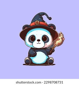 A panda wearing a witch costume, a cute mascot for animals, with a flat cartoon design