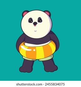 The panda is wearing a yellow buoy ring and is ready to swim