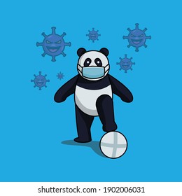 
panda wears a mask while playing ball, illustration suitable for mascot, background, banner, t-shirt design