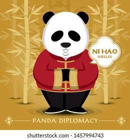 panda wears traditional costume and says hello in Chinese language.