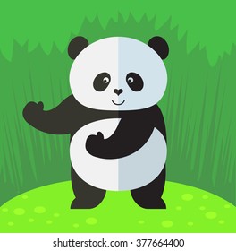Panda with welcome hands. Flat style vector illustration on Green background. National emblem of China