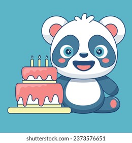 Panda whith happy birthday cake. Cute baby animal vector illustration. Kawaii kids print.