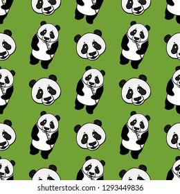 Panda whole and head seamless pattern. Vector hand drawn illustration on green background. Surface design