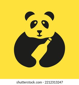 Plantilla de vectores de concepto de espacio negativo del logotipo de la botella Panda Win. Símbolo de botella de Panda Holding Win