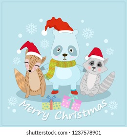 panda, wolf and raccoon christmas card