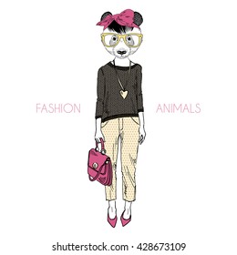 panda woman dressed up in casual style, furry art illustration, fashion animals, hipster animals