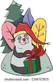 Panda in the woods with a New Year's gift. New Year card, design, sticker, packaging, pattern, vector illustration