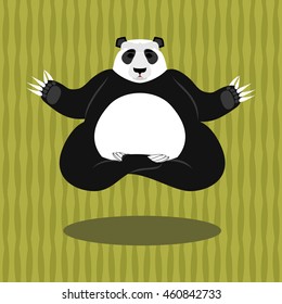 Panda Yoga. Chinese bear on background of bamboo. Status of nirvana and enlightenment. Lotus Pose. Wild Animal meditating