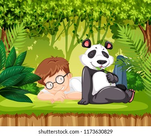 Panda and a young boy  illustration