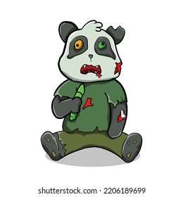 The panda zombie is sitting holding a bamboo. horror vector illustration