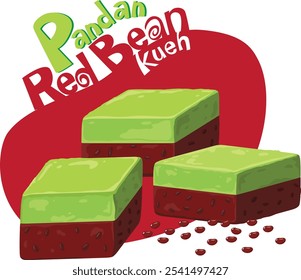 Pandan red bean kueh (pastel) tiene una capa superior de pandan suave y fragante y un fondo de frijol rojo dulce, creando un dulce y sabroso placer.