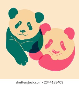 Pandas. Avatar, badge, poster, logo templates, print. Illustration with Riso print effect. Flat style