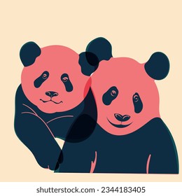 Pandas. Avatar, badge, poster, logo templates, print. Illustration with Riso print effect. Flat style