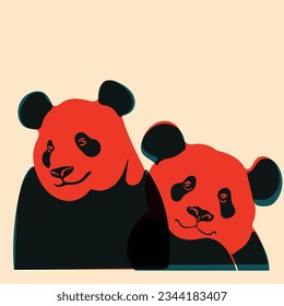 Pandas. Avatar, badge, poster, logo templates, print. Illustration with Riso print effect. Flat style