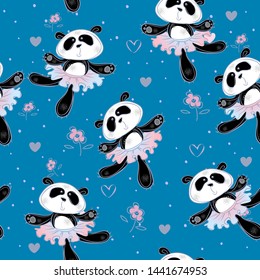 Pandas ballerinas dance. Seamless pattern. Print fabric for children. Vector.