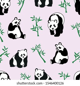 Pandas and bamboo animals seamless pattern on violet background . Concept for print, web design, cards, wallpaper