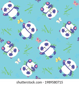 pandas with bamboo and butterflies with blue background