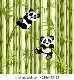 Pandas en el bosque de bambú.Vector sin fisuras con pandas colgando del bambú.