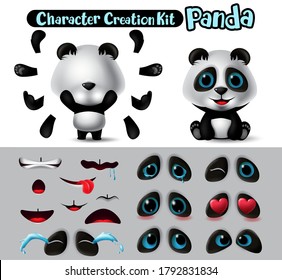 Pandas character animal  vector creation set. Panda bear characters animal eyes, mouth and body parts kit editable create for bears cartoon design collection. Vector illustration