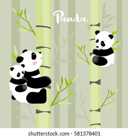 Pandas climbing the bamboo trees, vector illustration