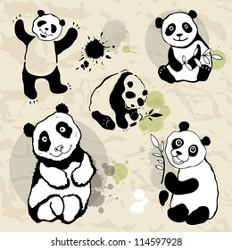 Pandas collection. Vector illustration on crumpled paper.
