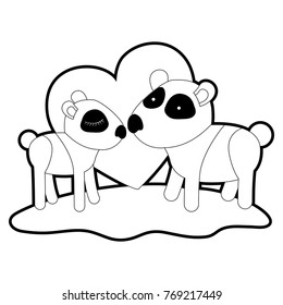 pandas couple over grass with black sections silhouette and thick contour and heart in background