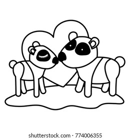 pandas couple over grass in black sections silhouette with heart in background