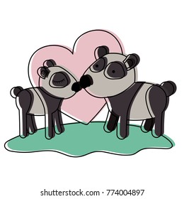 pandas couple over grass in watercolor silhouette on white background with heart