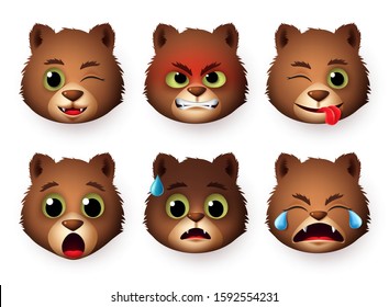 Pandas emoticon face vector set. Emoji of panda bear head animal in angry, scared, crying, and surprise facial expressions isolated in white background. Vector illustration. 