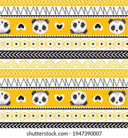 Pandas in geometric ethnic motifs pattern