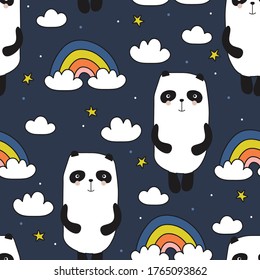 Pandas, hand drawn backdrop. Colorful seamless pattern with animals, rainbow. Decorative cute wallpaper, good for printing. Overlapping colored background vector. Design illustration