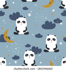 Pandas, hand drawn backdrop. Colorful seamless pattern with animals, moon, stars. Decorative cute wallpaper, good for printing. Overlapping colored background vector. Design illustration. Zzzz