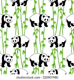 Pandas hand drawn seamless pattern. Doodle background with animals and bamboo. Seamless pattern vector.