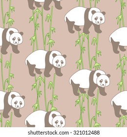 Pandas hand drawn seamless pattern. Doodle background with animals and bamboo. Seamless pattern vector.
