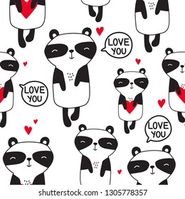 Pandas with hearts, hand drawn backdrop. Black and white seamless pattern with animals. Decorative cute wallpaper, good for printing. Overlapping background vector