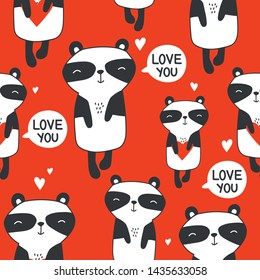 Pandas with hearts, hand drawn backdrop. Colorful seamless pattern with animals. Decorative cute wallpaper, good for printing. Overlapping background vector