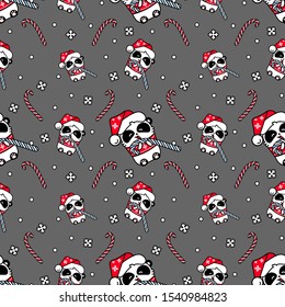 Pandas kawaii santa seamless pattern. Cute vector happy bear in christmas hat makes a snowman. Print for textile. wrapping paper, banner and card