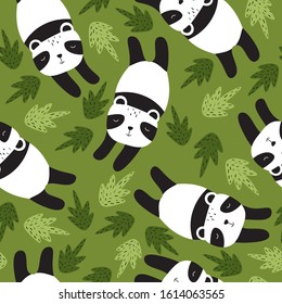 Pandas, leaves, hand drawn backdrop. Colorful seamless pattern with animals. Decorative cute wallpaper, good for printing. Overlapping background vector. Design illustration