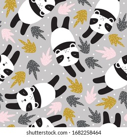 Pandas, leaves, hand drawn backdrop. Colorful seamless pattern with animals. Decorative cute wallpaper, good for printing. Overlapping background vector. Design illustration