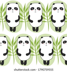 Farbiges, nahtloses Muster mit Pandas, Blättern