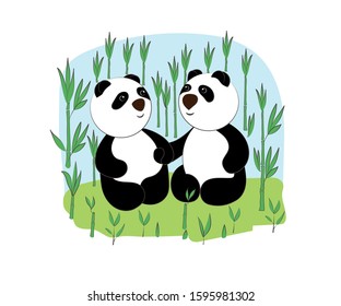 
Pandas in love. Color image. Pandas in the bamboo thicket. Decor element. Vector illustration.