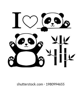 Pandas love. Cute panda waving paw cartoon, vector illustration.Bamboo T-shirt design, postcards, vinyl cutting, postcard printing svg