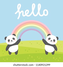 Pandas love vector print, panda with rainbow and hello write cartoon illustration, baby shower card, greeting or valentine card, kids cards for birthday poster or banner, cartoon invitation