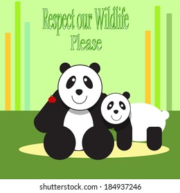 Pandas , mother and son smiling and friendly , demand respect for wildlife right through a text, background bamboo stalks .
