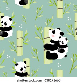 Pandas on a bamboo, seamless pattern, vector illustration