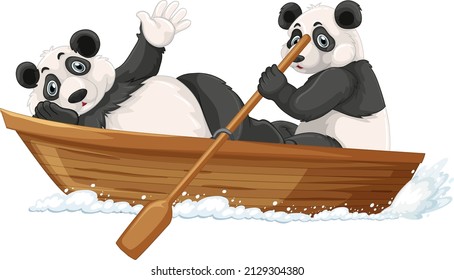 Pandas on wooden boat in cartoon style illustration