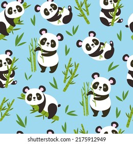 Pandas pattern. Seamless baby panda bears with bamboo branches, cute china animal vector background illustration. Adorable characters in different positions with plants for fabric