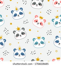 Princesa Pandas. Oso chino o bambú. Cara de oso panda de bebé con un patrón sin problemas de la Corona. Animal kawaii lidera el diseño de moda infantil con fondo colorido