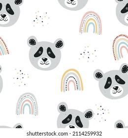 Pandas y arcos de lluvia. Patrón sin foco. Huella de bebé. Ilustración del vector